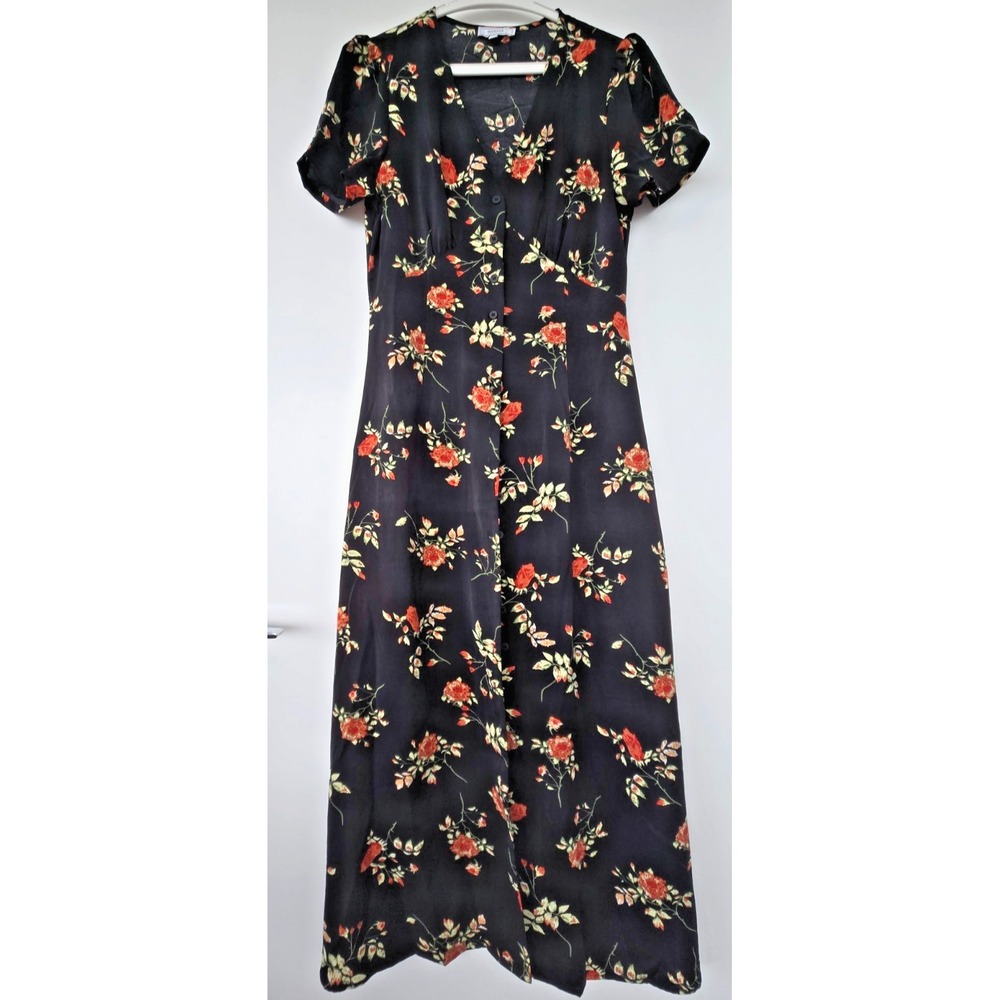 Floral Short Sleeve Button Up Maxi Dress High Waist Chevron A Line W's Sz M Y2K